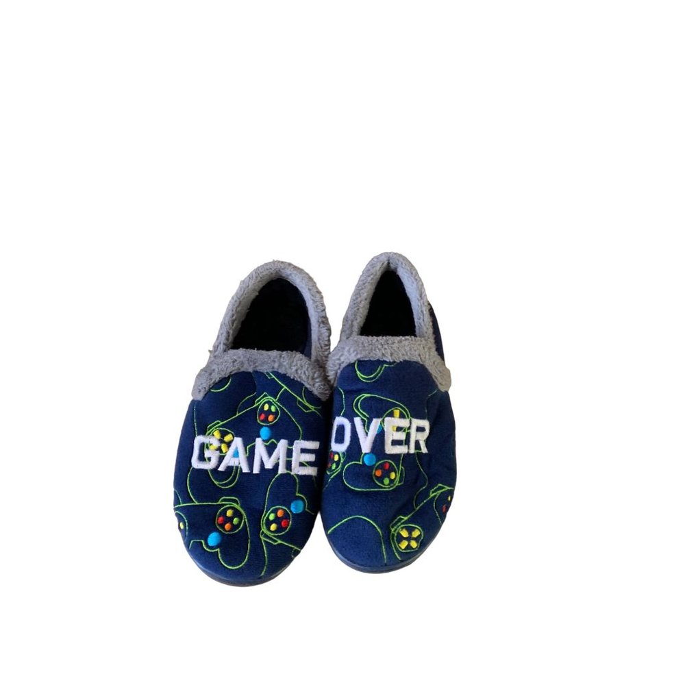 Wonder Nation Boys Size 4 5 House Slippers Gam OVer Plush Slip On Blue Gray